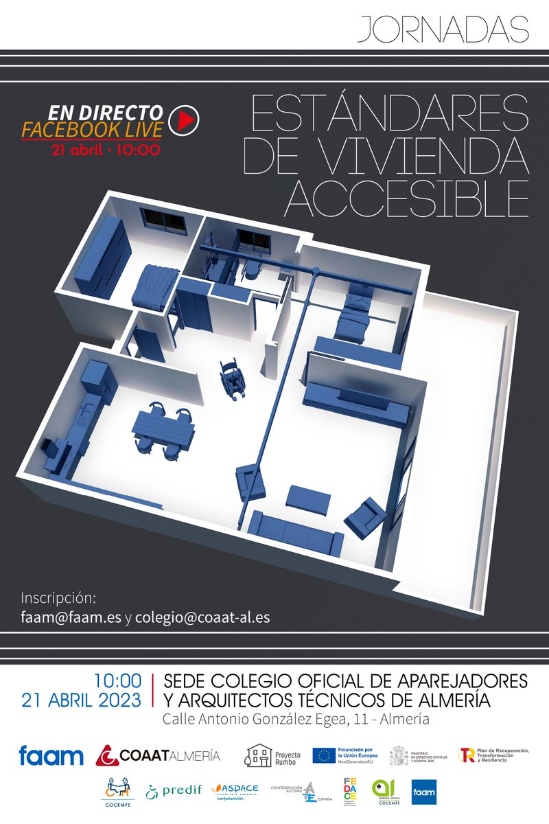 COAATIEALMERIA's tweet photo. Si eres profesional de la edificación estas jornadas te interesan. @FAAM junto a #CoaatieAlmería organizamos las Jornadas Estándares de Vivienda Accesible que se llevarán a cabo el próximo 21 de abril a partir de las 10:00 horas.

#ProyectoRumbo #NextGenerationEU https://t.co/hgabcksHDx