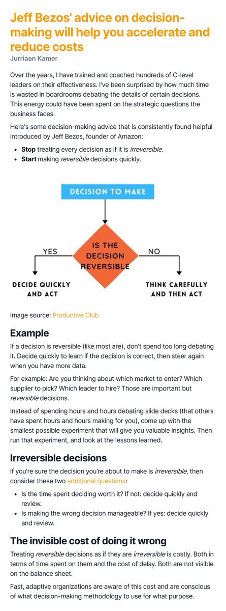 Jeff Bezos' advice on decision-making will help you accelerate and reduce costs.
#decisionmaking #leadership #management #agility #orgdesign