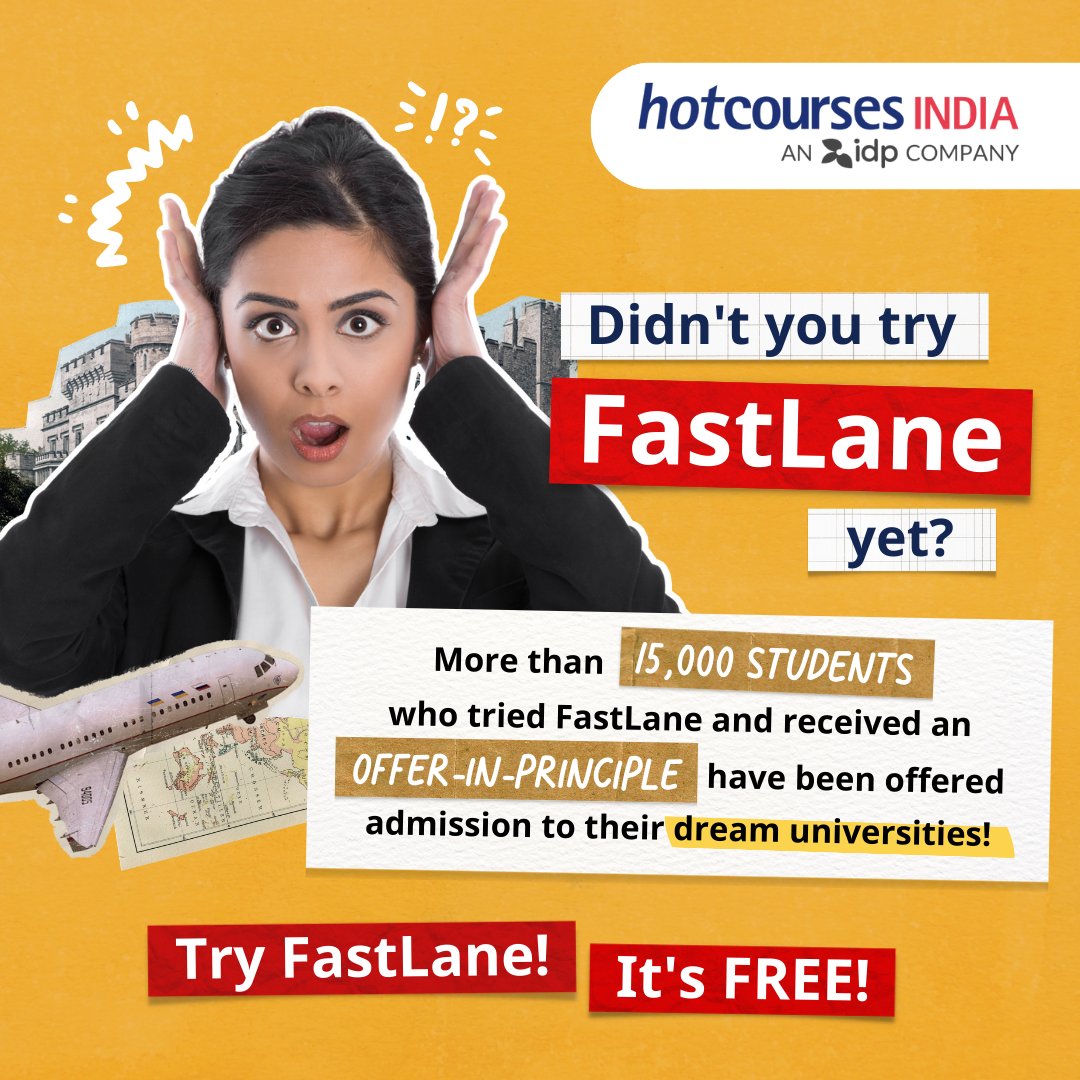 hotcoursesindia's tweet image. Didn&apos;t you try FastLane yet? More than 15,000 students who tried FastLane and received an Offer-in-Principle, have been offered admission to their dream universities! Try FastLane! It&apos;s free!  
Apply now - bit.ly/414xDEm 

#IDPFastLane #StudyAbroad #Uniapplication