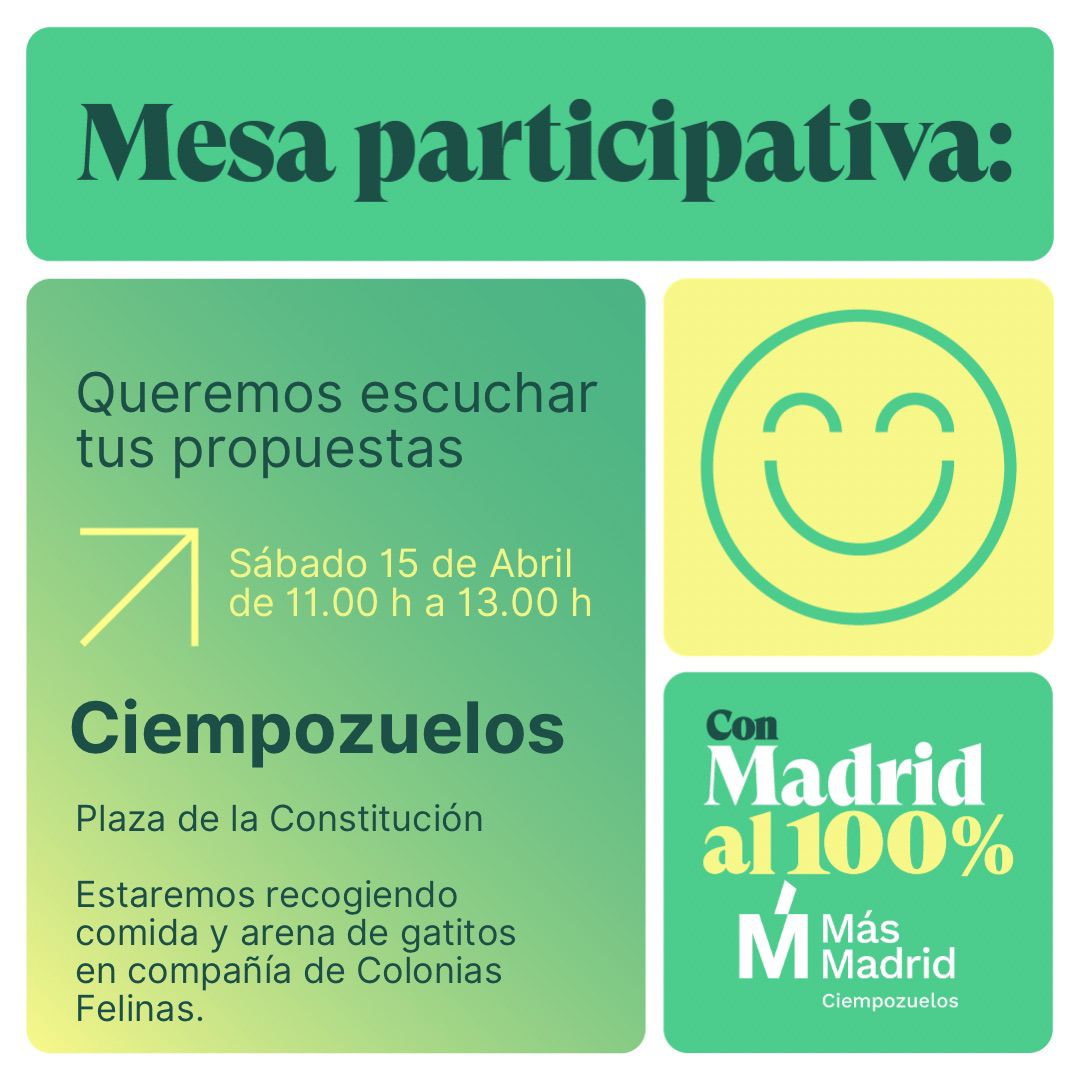 MM_Ciempozuelos's tweet photo. ¡Buenos días!
Este Sábado 15 de abril tenemos mesa informativa.
📌Estaremos en la Plaza de la Constitución de 11:00 a 13:00 h.
🐈‍⬛Estaremos recogiendo comida y arena para gatos en compañía de @ColoniasFelinas.
¡Os esperamos! 😊 https://t.co/7tLwSMgAle