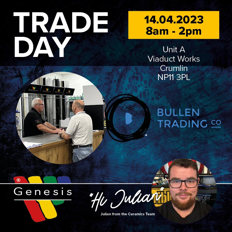 Trade day with Bullen Trading Co. soon!

Meet with Julian from our ceramics team from 8am to 2pm on the 14th!

Postcode - NP11 3PL
Date - 14.04.23

See you soon.

#genesisglobalsystems #tradeday #tradeevent #ceramics #tilers #np #crumlin #tilersofinsta #tilersofinstagram