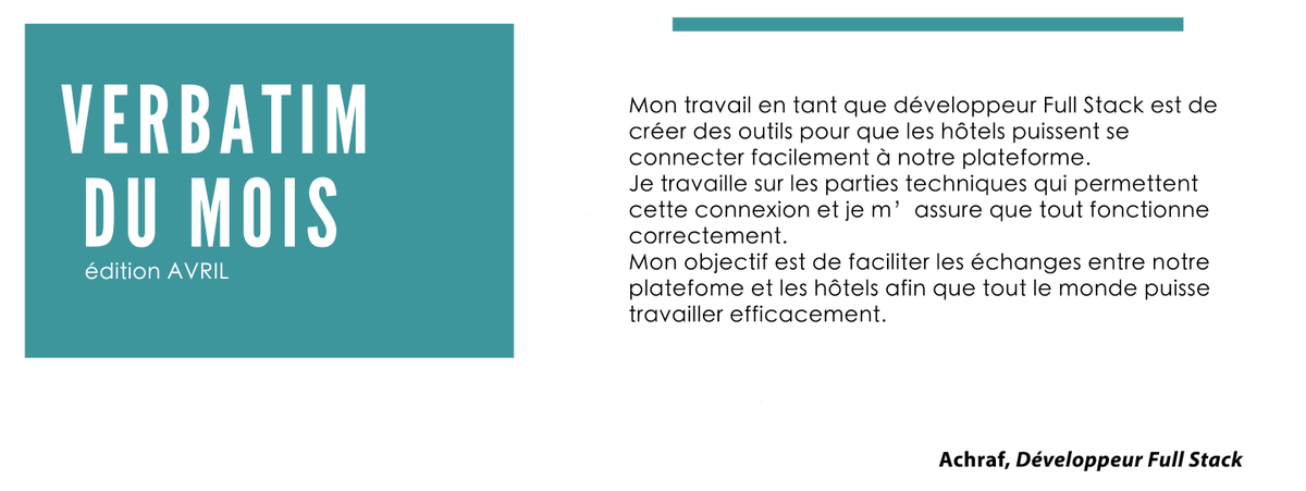 AnseTechnology's tweet image. Tous les mois nous publions un verbatim employé afin de mettre en avant nos collaborateurs et leurs projets.
Aujourd&apos;hui, découvrez le verbatim employé du mois, celui d&apos;Achraf! 
📷 Retrouvez tous les verbatims sur notre site Internet : buff.ly/3xjDrfw
#employes #verbatims