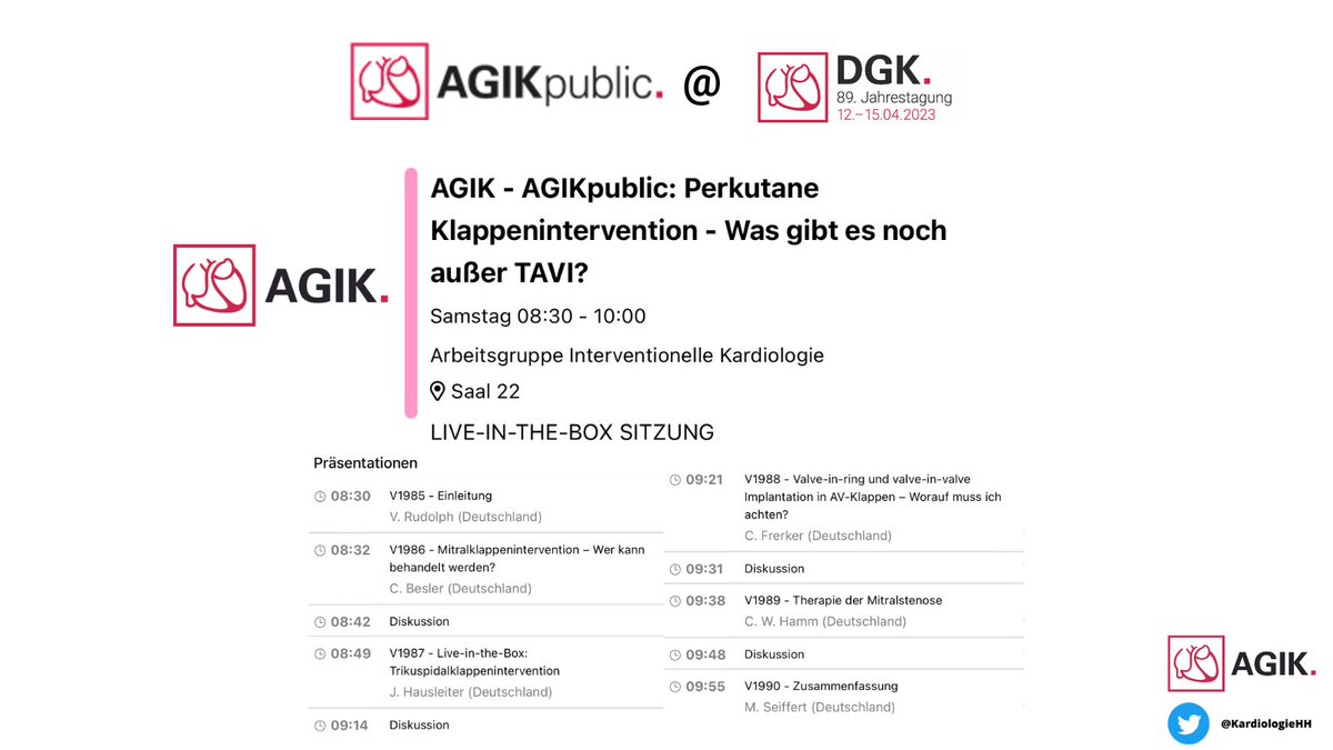 KardiologieHH's tweet photo. 🚨START in 30 Minuten🚨
🎯#AGIKPlenum-Session
➡️Klappenintervention - Was gibt es noch außer #TAVI❓
🗓Samstag, 15.03.23
⏰ 08:30-10:00
🏠Saal 22
Mit: @VolkerRudolph1 + C. Besler + @j_hausleiter + C. Frerker + C.W. Hamm + @MoritzSeiffert
@AGIKinterv @ #DGKJahrestagung 2023 https://t.co/75MsQmfm4U