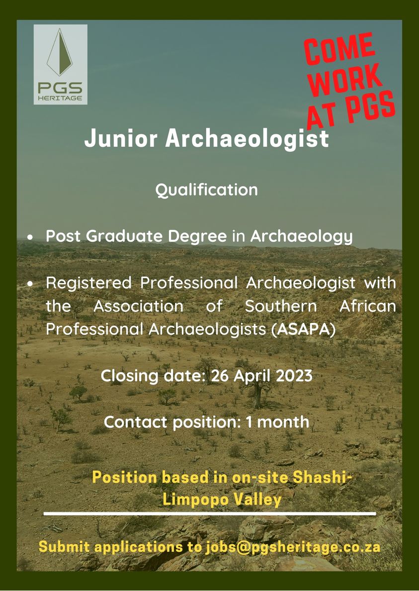 saasst_society's tweet photo. Here is an opportunity to do all things archaeology with PGS Heritage. The organisation has two archaeological openings! Details in the poster below. Apply now.
DEADLINE: 26 April 2023
#saasc #saass #AsaPa #opportunity #JobPosting #archaeology #inthefield #academia #mpumalanga https://t.co/HAdqJ5F8UN