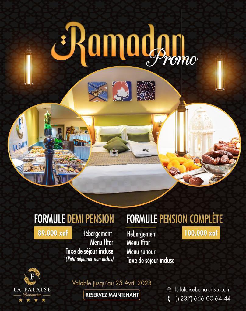 Nous vous offrons ce qu’il y’a de meilleur. En cette période de ramadan, choisissez l’hôtel La Falaise Bonapriso 😊 

Infoline et réservation : (+237) 233 43 99 12 / 656 00 64 44