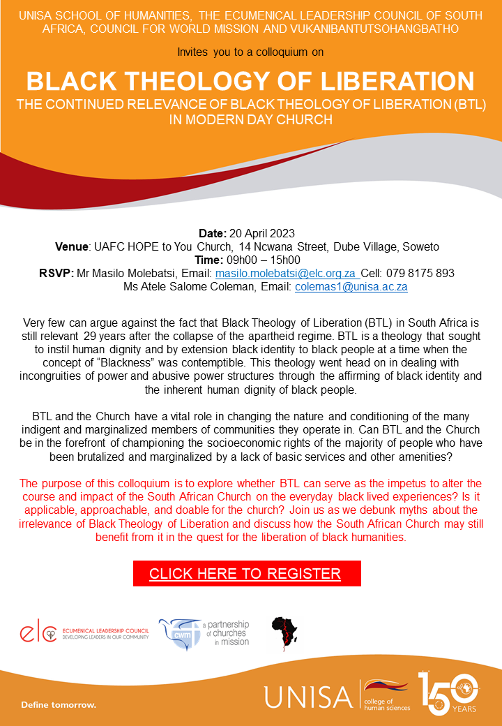 unisachs's tweet photo. 📢📢📢📢📢
SOWETO, We are on our way to you!

Please join us for the colloquium on 'Black Theology of Liberation: The continued relevance of Black Theology of Liberation (BTL) in Modern day Church'
#unisa150 @unisa 

Click the link below to register:
https://t.co/MNQDC9fbDa https://t.co/dxBBnRrUaG
