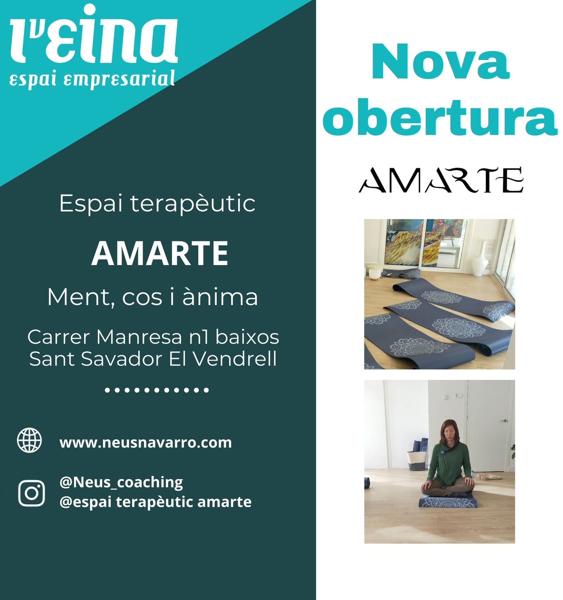 leinaelvendrell's tweet photo. Gràcies al servei d'assessorament de l'Eina Espai Empresarial,  la Neus ha pogut engegar el seu negoci de teràpies, AMARTE.Espai terapèutic AMARTE
Tfn 625110011
Carrer Manresa n1 baixos
Sant Savador El Vendrell
https://t.co/f5SJIRKqIk
@Neus_coaching
@espai terapèutic amarte https://t.co/qwebOI0zSV