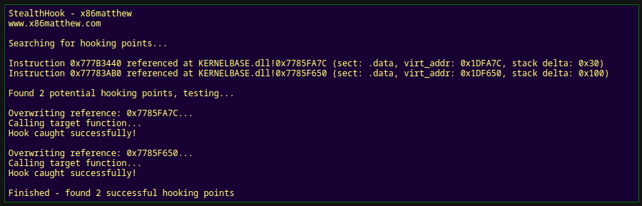 SEKTOR7net's tweet photo. Hooks without custom exception-handler or changing memory protection?
@x86matthew: hold my beer!

Introducing StealthHook - controlling the execution flow of the target function by intercepting return addresses in the nested function call stack.

https://t.co/j0OGCT00Hq https://t.co/jWwQL5uK5g