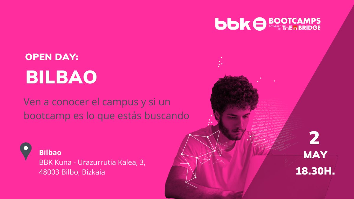 TheBridge_Tech's tweet photo. ¡Ven al #OpenDay en Bilbao!
Conoce todo sobre los bootcamps en #DataScience #MarketingDigital #DesarrolloWebFullStack y #UXUIProductDesign de @bbk y @thebridge y tómate unas 🍻 con amigxs ¿Te apuntas?
📅2 mayo
🕐18.30 h
📍BBK Kuna @BBK_eus
Entradas 👉 https://t.co/D9ioexuAtg https://t.co/GeXwrYwHYm