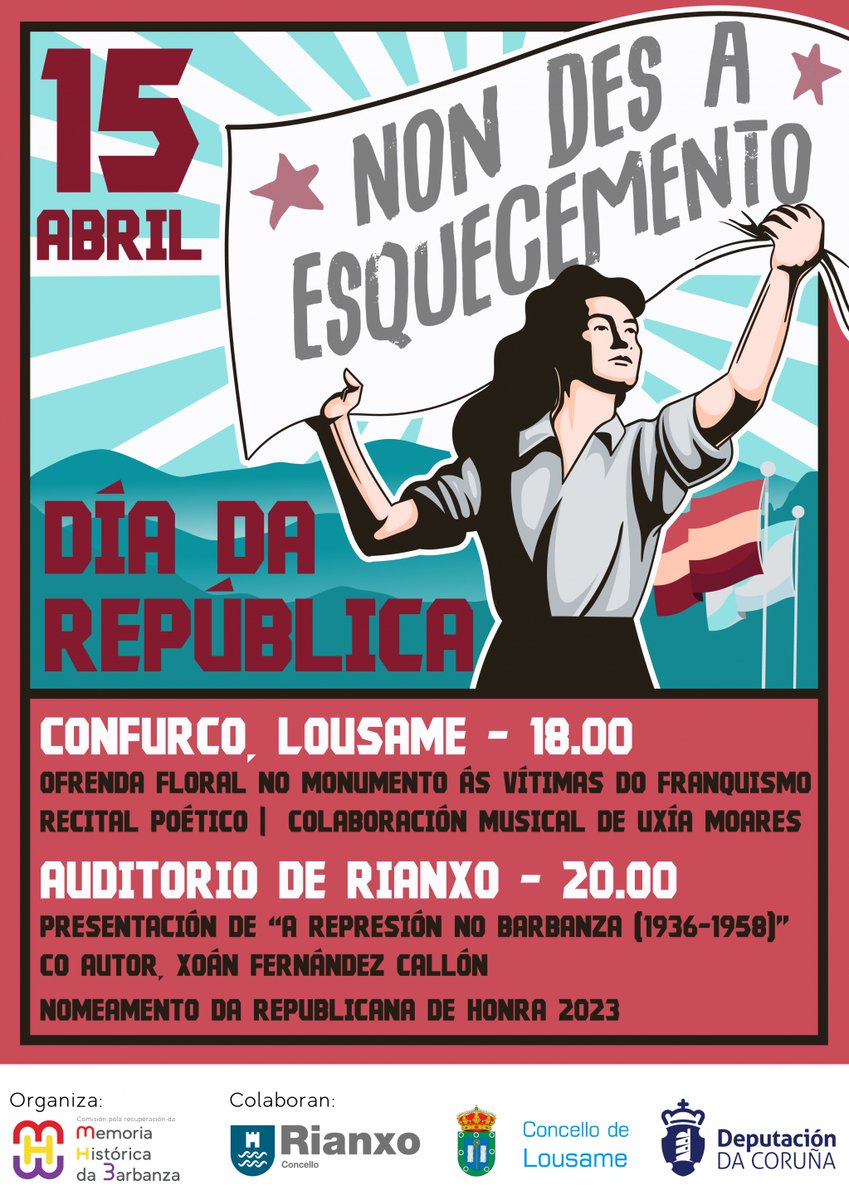 Día da República, non des a esquecemento

A Comisión pola recuperación da Memoria Histórica da Barbanza organizou unha serie de actos para conmemorar o Día da República en Rianxo, que terán lugar o sábado 15 de abril ás 20.00 horas na Sala… concelloderianxo.gal/cultura/-/blog…