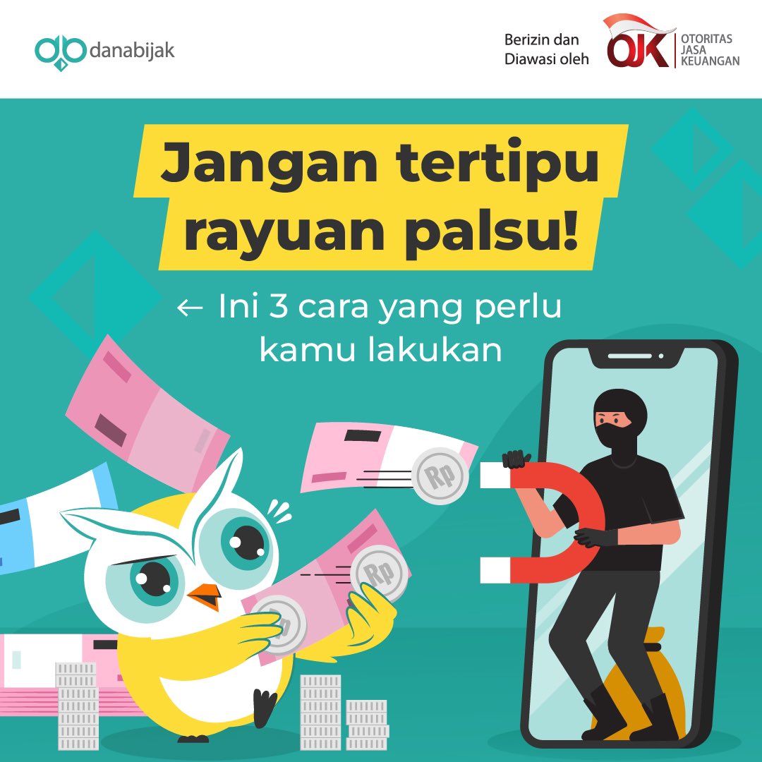 Danabijak's tweet photo. Memang harus waspada kalau mau pinjam uang di fintech online! Ada banyak penipu nakal yang mengincar datamu. Nah, untuk mencegahnya, kamu bisa melakukan tips-tips di atas, ya!
#danabijak #rekanbijak #keuangan #fintechlegal #fintechaman #OJK #pinjamanaman #fraud #penipuan https://t.co/9SD9yotC1Q