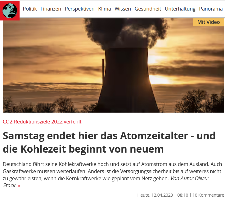 1887henne's tweet photo. CO2-Reduktionsziele 2022 verfehlt: "Samstag endet hier das Atomzeitalter - und die Kohlezeit beginnt von neuem", titelt @focusonline 

Also ich finde diesen Vergleich vom Focus in diesem Fall sehr sehr treffend!

#Gruenen #Greune #Klimaschutz #Habeck #Baerbock https://t.co/PNJyNH24mK