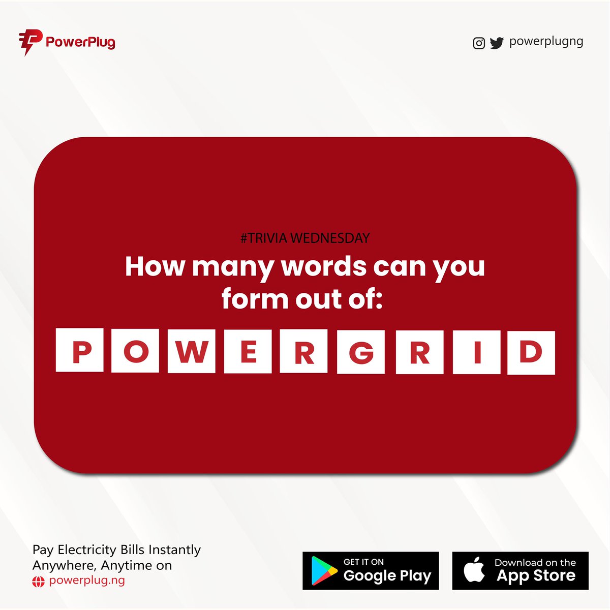 powerplugng's tweet image. Wednesday🥰
How many words can you form out of the word ‘POWERGRID’
Form as many words as possible using the comment section below😊

#triviawednesday #Bitcoin #wednesdaythoughts #Bayern #MCIBAY #trivia #nigerian