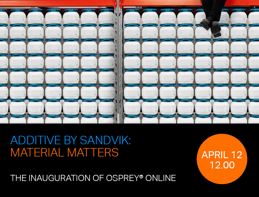 SandvikGroup's tweet photo. FINAL CALL! T minus two hours until we air a special edition webinar to mark the launch of our very own webshop Osprey® Online – selling #metalpowder for #3Dprinting. Don’t miss it! https://t.co/Hgx7nZggSa 
#OspreyOnline #OspreyMetalPowder #AdditiveBySandvik https://t.co/LwC0wLY8le