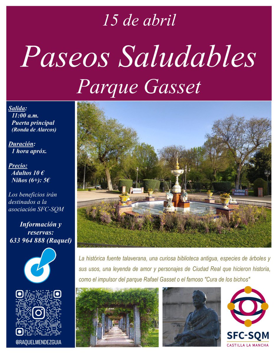 ♻️ Este sábado os invitamos a un paseo por el Parque de Gasset. Iniciativa saludable para compartir en familia y con carácter solidario en favor de SFC-SQM Castilla La Mancha 👌🏻