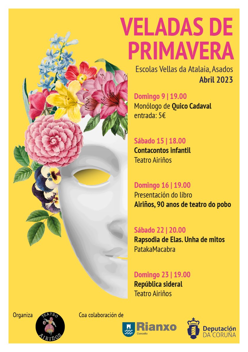 Do domingo 9 ao 23 de abril, terán lugar as Veladas de Primavera nas Escolas Vellas da Atalaia en Asados, organizadas polo grupo de teatro Airiños coa colaboración do Concello de Rianxo e a Deputación da Coruña. concelloderianxo.gal/cultura/-/blog…