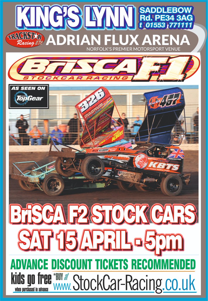 Kids 11 &amp; under go free when booked online!

This Saturday, Super Stock Car Spectacle! Over 100 Stock Cars... King's Lynn is The Place To Be! 

12 races of thrills &amp; spills, non stop Stock Car action! First race 5pm. 

Advance tickets available now
stockcar-racing.co.uk