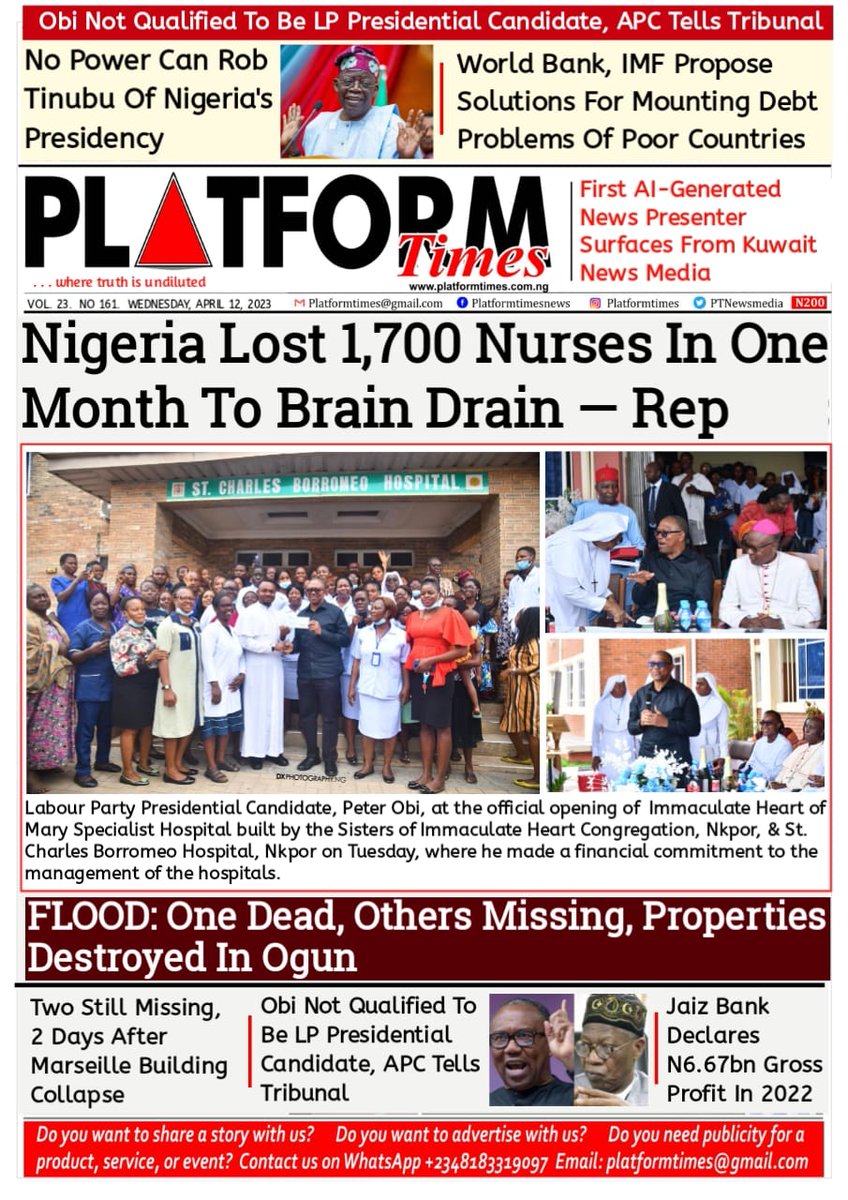 PTnewsmedia's tweet photo. Today on Platform Times Newspaper, April 12th, 2023. Visit https://t.co/sITtGqoPhx for many more stories.
#BrainDrain
#AINewsPresenter
#INECResult https://t.co/8XybWvd72d