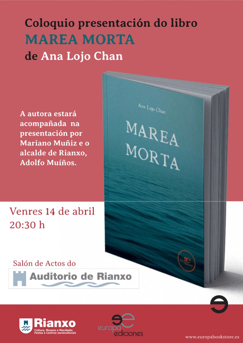 Coloquio-presentación Marea Morta de Ana Lojo Chan
A escritora de Cabo de Cruz presenta a súa publicación Marea Morta o venres 14 de abril no salón de actos do Auditorio de Rianxo, ás 20:30 horas.

 concelloderianxo.gal/cultura/-/blog…