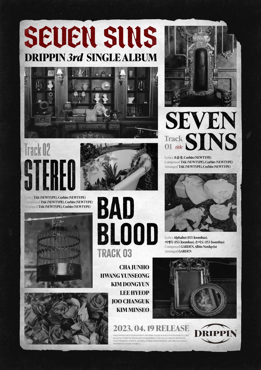 SEVEN SINS | TRACK LIST ◾ 2023.04.19 6PM RELEASE #DRIPPIN #드리핀 #TRACK_LIST #SEVEN_SINS #STEREO #BAD_BLOOD #황윤성 #이협 #주창욱 #김동윤 #김민서 #차준호 #HWANGYUNSEONG #LEEHYEOP #JOOCHANGUK #KIMDONGYUN #KIMMINSEO #CHAJUNHO