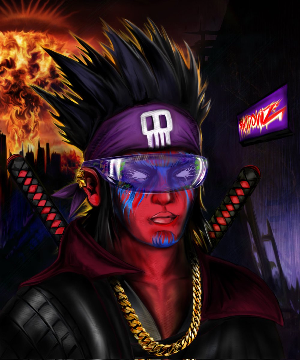 keepitlunatic's tweet photo. The time I made a SUPER INSANE #BITSHADOWz Tribute. ☠💜🔪 .... seriously. Zoom in. Enhance. Look at that gold chain and the plexiglass visor. The details on this are wild AF. #NFTs #NFTARTIST https://t.co/56RDdem1mF