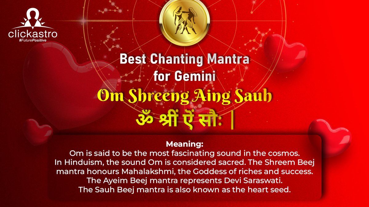 clickastrolive's tweet photo. Gemini, chanting this mantra will help you attract wealth and prosperity. It is beneficial for resolving interpersonal conflicts and conquering all types of fear.
Follow @Clickastrolive for more updates!
#Clickastro #FuturePositive #Mantra #Gemini #ZodiacSigns #Astrology https://t.co/58S5KtmSv9