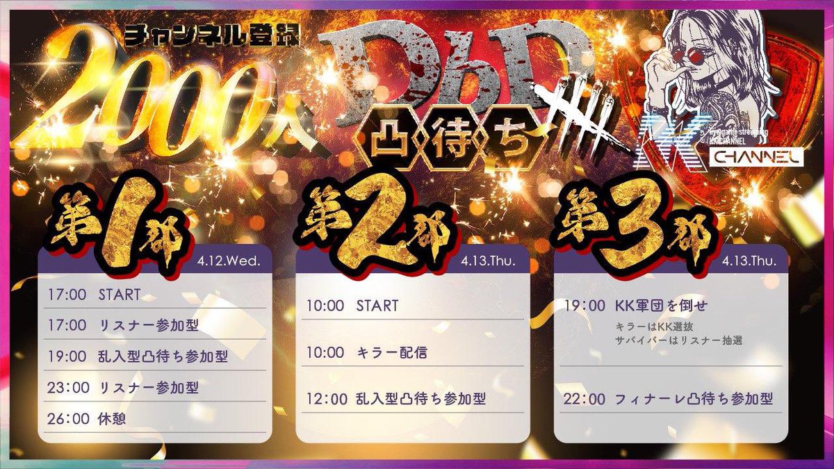 KKch24004877's tweet photo. |◤2️⃣0️⃣0️⃣0️⃣人記念2DAYS配信��|
🎊配信者凸待ち配信開催🎉
2000人を突破した記念に企画盛りだくさんの #KKch 2DAYS配信㊗️
どうぞ配信者の方お祝いの気持ちを
配信に乱入してKKにぶつけてください💥🎊
一緒に楽しく盛り上がりましょう🥳
⏰本日17:00〜配信開始
https://t.co/qU6t8aNuXu https://t.co/BNelsOd0rl