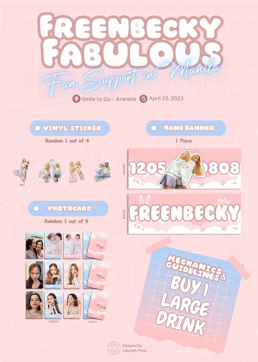 FreenBecky_PH's tweet photo. [FanBoom Project UPDATES]

FreenBecky Philippines Official and @labyrinthprints invites you to chill with us on April 23 for our #FreenBeckyFanBoomMNL cansleeve event at Smile to Go – Araneta! 🧋 ☀️ 

Absolutely no registration required! Just come by and order your drink to get our freebies! 💖✨

📍: Smile to Go – Araneta Cubao
🗓: April 23, 2023
⏰: 11:00AM - 3:00PM

Complete guidelines are posted below~

Huge special thanks to Labyrinth Prints for sponsoring majority of our freebies! 🫶🏻

We hope to see you there! 💎💗

#srchafreen #Beckysangels #ฟรีนเบค #FreenBeckyFanBoomPH