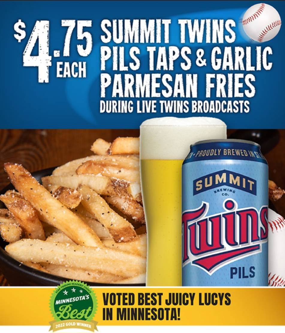 CALLING ALL #MNTWINS fans! 📣
Get #CoorsLight taps OR garlic parmesan fries for  $4.75 during live broadcasts of the games! ⚾️ What a steal!

#CrookedPintMPLS #baseball #baseballseason