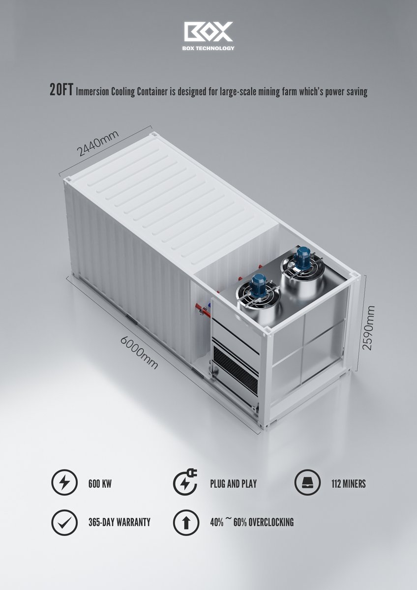 🔥Box Technology's 20FT With A Cooling Tower Built-in Is Here For You!
🌹Holding 112pcs S19 Series miner.
🌹Getting an extra 40-60% hash rate
info@boxtechy.com
+852 5486 5406
boxtechy.com
#immersioncooling #BoxTechnology #factory #cooperating #20FT #cryptomining #BTC