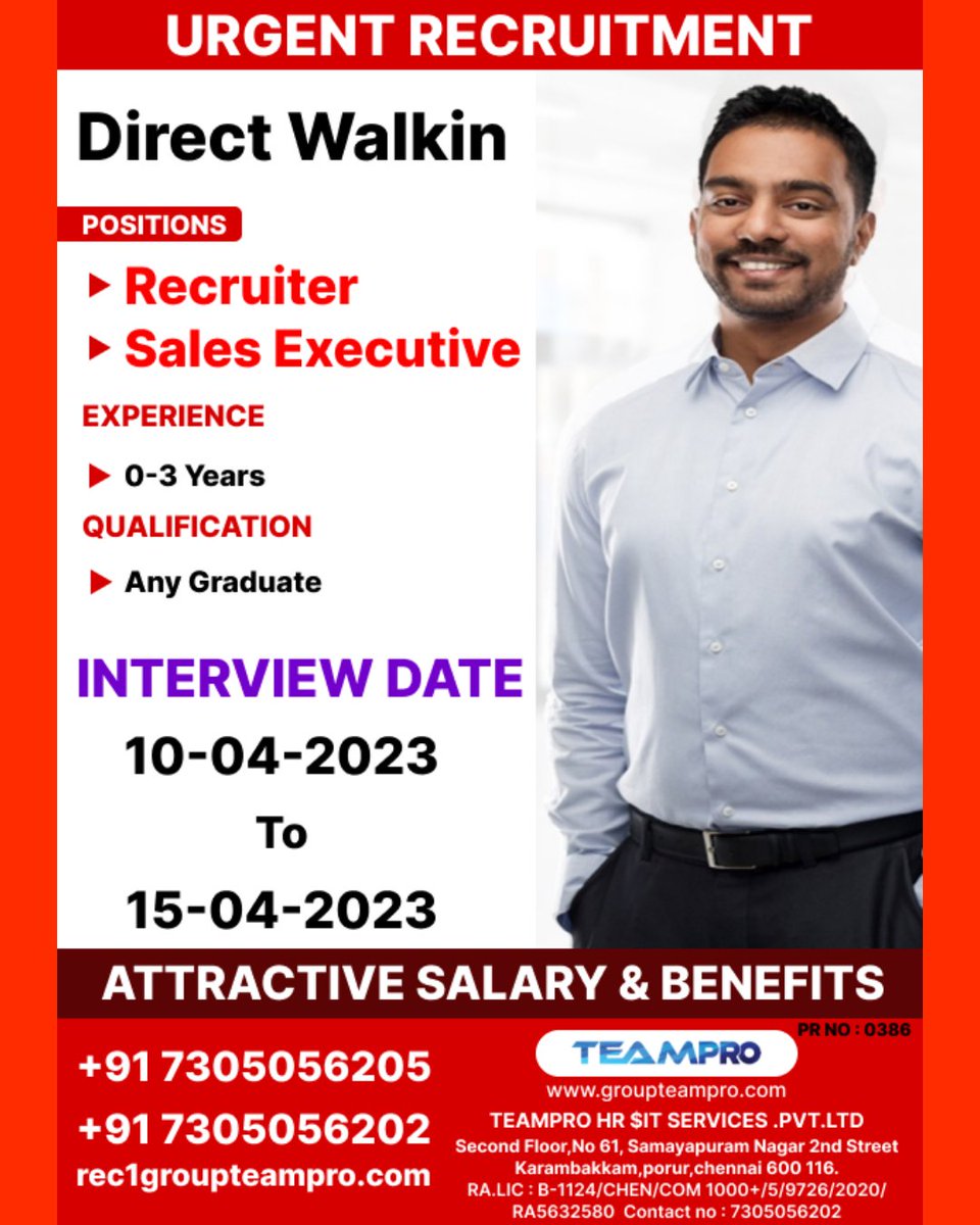 groupteampro's tweet photo. #ChennaiJobs #Directwalkin #Immediate #Recruiter #Salesexecutive #immediatejoiner #Anygraduate #Attractive #salary #Benefits https://t.co/uEwrbz01m4