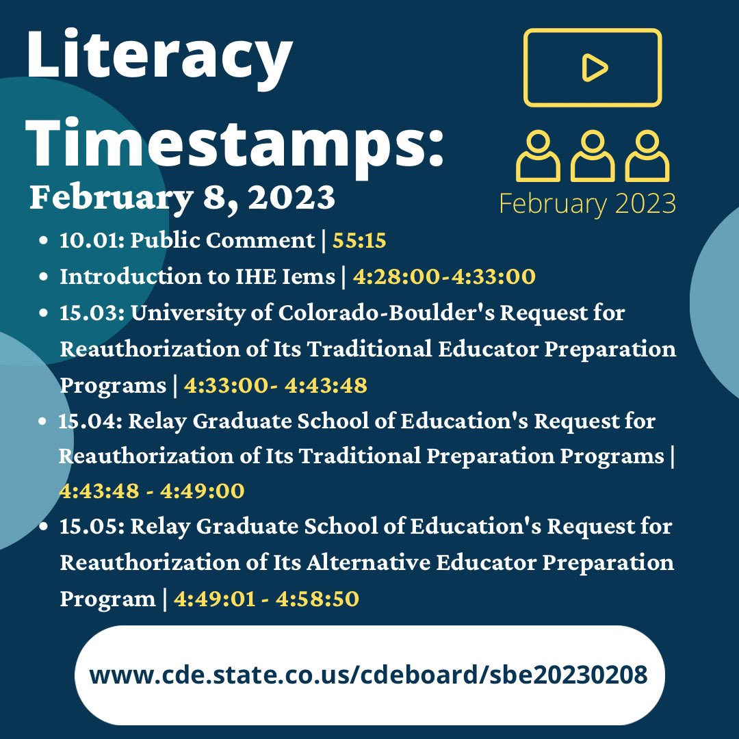 ReadingLeagueCO's tweet photo. CO State Board of Education Meeting - February 2023 Literacy Highlights
February 8, 2023 Mtg. - View Here: https://t.co/vPXe8dctX7
Agenda (If any related documents, they will be linked to each agenda item.): https://t.co/dlMg7nThnS
#READingCO #edcolo #coloradoteacher #colorado https://t.co/FkZ2Its6iY