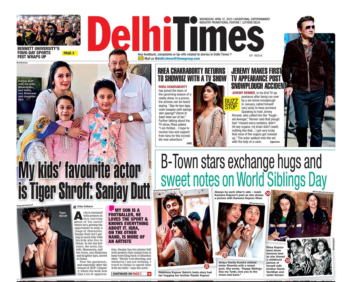 Here's a look at #DelhiTimes' front page. Click below to read the edition 

bit.ly/2xYOK1x

#Bollywood #BennettUniversity #Sportikon #SanjayDutt #TigerShroff #JeremyRenner #JimmyKimmel #RheaChakraborty #SiblingDay #Siblings #RanbirKapoor #KareenaKapoorKhan