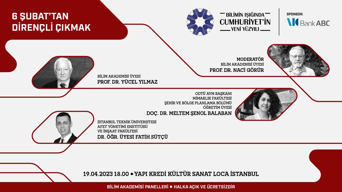 Panel serimiz 6 Şubat’tan Dirençli Çıkmak konusuyla devam ediyor. Naci Görür’ün moderatörlüğündeki panelin konuşmacıları Yücel Yılmaz, Meltem Şenol Balaban ve Fatih Sütçü. 
Bilgi ve kayıt için: bilimakademisi.org/deprem-panelle…
📍19 Nisan 2023, 18:00 
<a href="/nacigorur/">Prof. Dr. Naci Görür</a> <a href="/merutemu/">Meltem Şenol Balaban [メルテム]</a> <a href="/YapiKrediKultur/">YapıKrediKültürSanat</a>