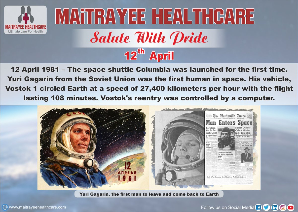 12 April 1961 – the Soviet Union sent the first man, Yuri Gagarin, into space.
#salute_with_pride #firsthumaninspace #12april
#maitrayeehealthcare #Deoghar #Jharkhand