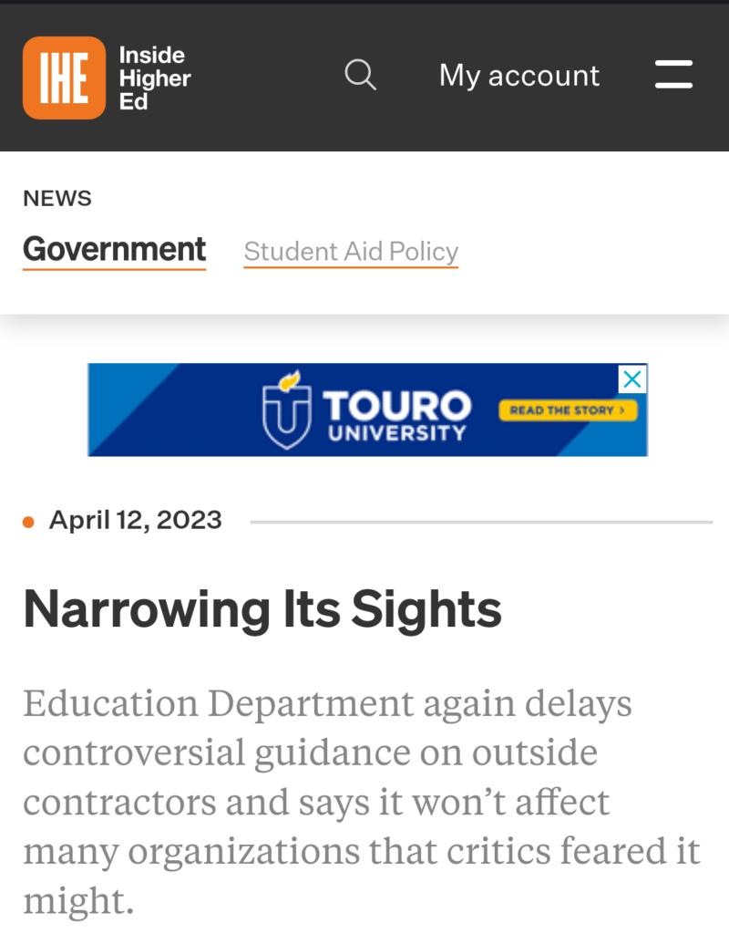 The <a href="/usedgov/">U.S. Department of Education</a> delays enforcement of its #Thirdpartyservicers guidance and clarifies a few services that are not included.

Kudos to the Department for quick action, but they need to go further before #negreg to narrow the scope to services that pose Title IV risks
<a href="/insidehighered/">Inside Higher Ed</a>