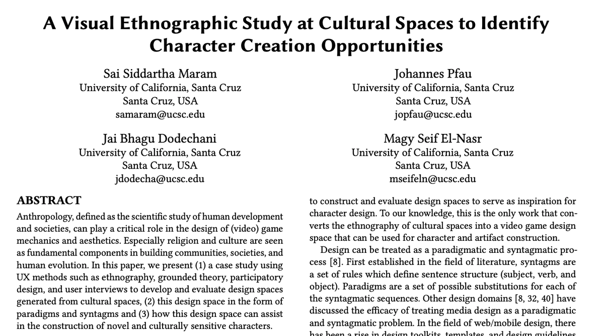 We present at #FDG23 how cultural spaces can inspire Character Creation. We present a Mixed-Method methodology to study the Novelty and Cultural Sensitivity of characters in #videogames  <a href="/magiseif/">Magy Seif El-Nasr</a> <a href="/JohannesPfau_/">Johannes Pfau</a> (presenting in person) <a href="/DORG_Joe/">Jai Dodechani</a>.
dl.acm.org/doi/10.1145/35…