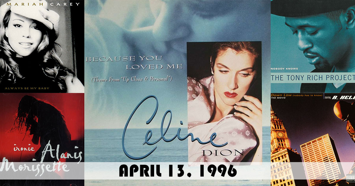 ChartsArchive's tweet photo. The top songs on this day in 1996:
1. "Because You Loved Me" by #CelineDion
2. "Always Be My Baby" by #MariahCarey
3. "Nobody Knows" by The #TonyRichProject
4. "Ironic" by #AlanisMorissette
5. "Down Low (Nobody Has To Know)" by #RKelly ft Ronald Isley
https://t.co/Jb5jzCw98k https://t.co/iNGSunMxJc