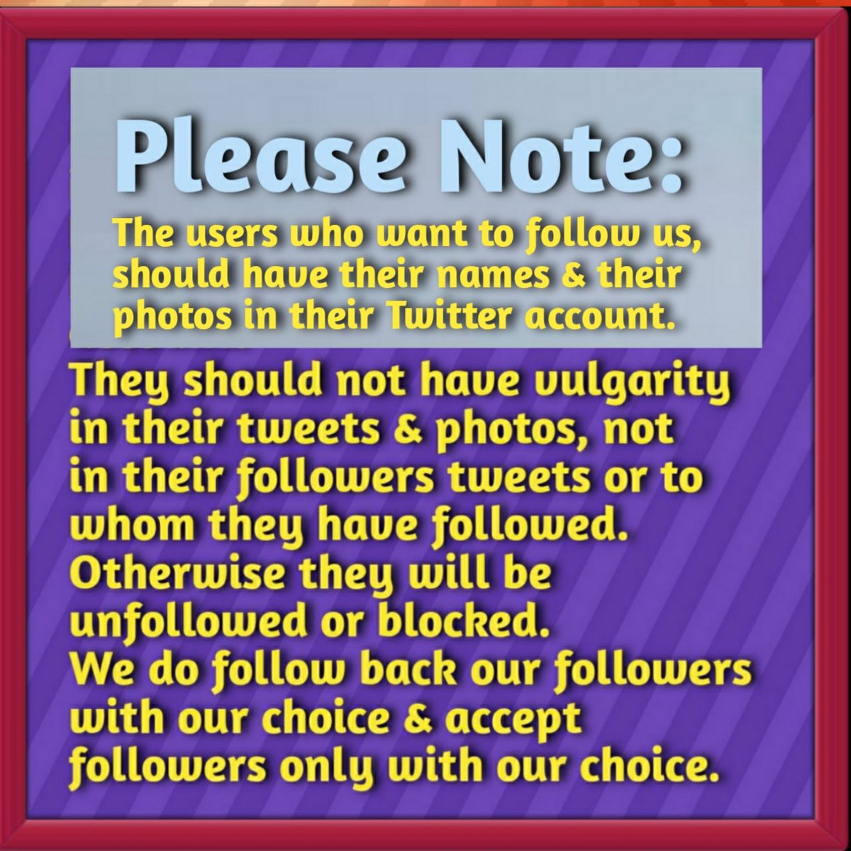 DrSunderFan's tweet photo. We follow &amp; accept followers with our choice only.
Those who want to follow us should have their name &amp; photo in their account.

Should not have vulgarity in their own tweets, in their followers &amp; to whom they have followed.

Read our bio-data &amp; pinned tweet before following us. https://t.co/ygC3sveJXY