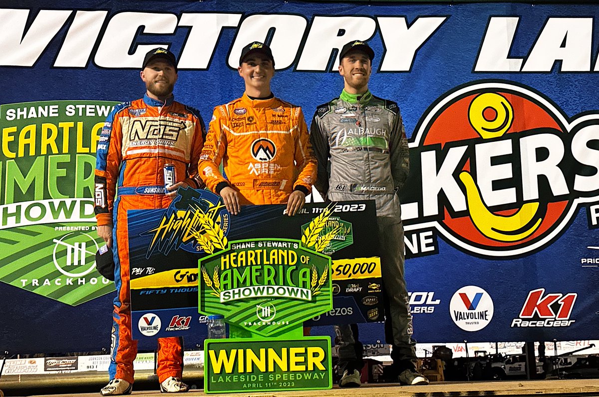 Tuesday’s High Limit podium at <a href="/ShaneStewartRcg/">Shane Stewart</a>’s Heartland of America Showdown presented by <a href="/TeamTrackhouse/">Trackhouse Racing</a>:

🥇 $50K <a href="/GioScelzi/">Gio Scelzi</a> (<a href="/KCPRacing/">KCP Racing</a>)
🥈 $20K <a href="/Carson_Macedo/">Carson Macedo</a> (<a href="/JJR41Updates/">Jason Johnson Racing</a>)
🥉 $10K <a href="/TyCourtney7BC/">Tyler Courtney</a> (<a href="/ClausonMarshall/">Clauson Marshall Racing</a>)