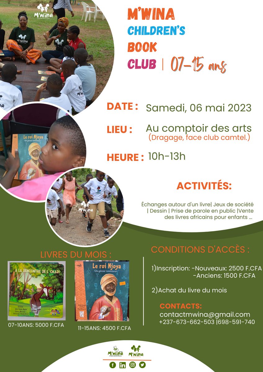 Nadine_Mek's tweet photo. Notre Club de lecture pour enfants de 07 à 15 ans au mois de mai.
Inscriptions au https://t.co/79gXe1LqUI
#Mwina https://t.co/kSo4yeX0sD