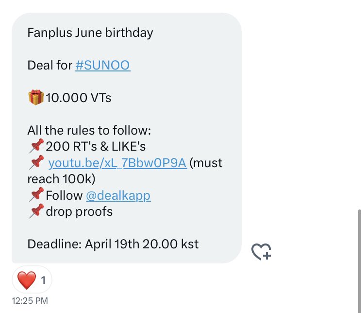 lhsnlv's tweet photo. Fanplus June birthday  

Deal for #SUNOO

🎁10.000 VTs

All the rules to follow:
📌200 RT's &amp; LIKE's
📌 https://t.co/zubZglswXe (must reach 100k) 
📌Follow @dealkapp 
📌drop proofs

Deadline: April 19th 20.00 kst

#ENHYPEN_SUNOO #ENFuelUp #ENVOOSTERS https://t.co/IFezTjCbIi