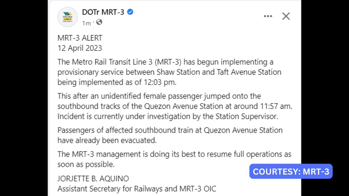 donadominguez's tweet photo. JUST IN: Nagpatupad ng provisionary service sa MRT-3 matapos na isang babaeng pasahero ang tumalon sa riles sa southbound ng Quezon Avenue Station. 

Ayon sa MRT-3, sa ngayon ay Shaw Station hanggang Taft Station at pabalik lamang ang biyahe ng kanilang mga tren. https://t.co/M3kALL1LNm