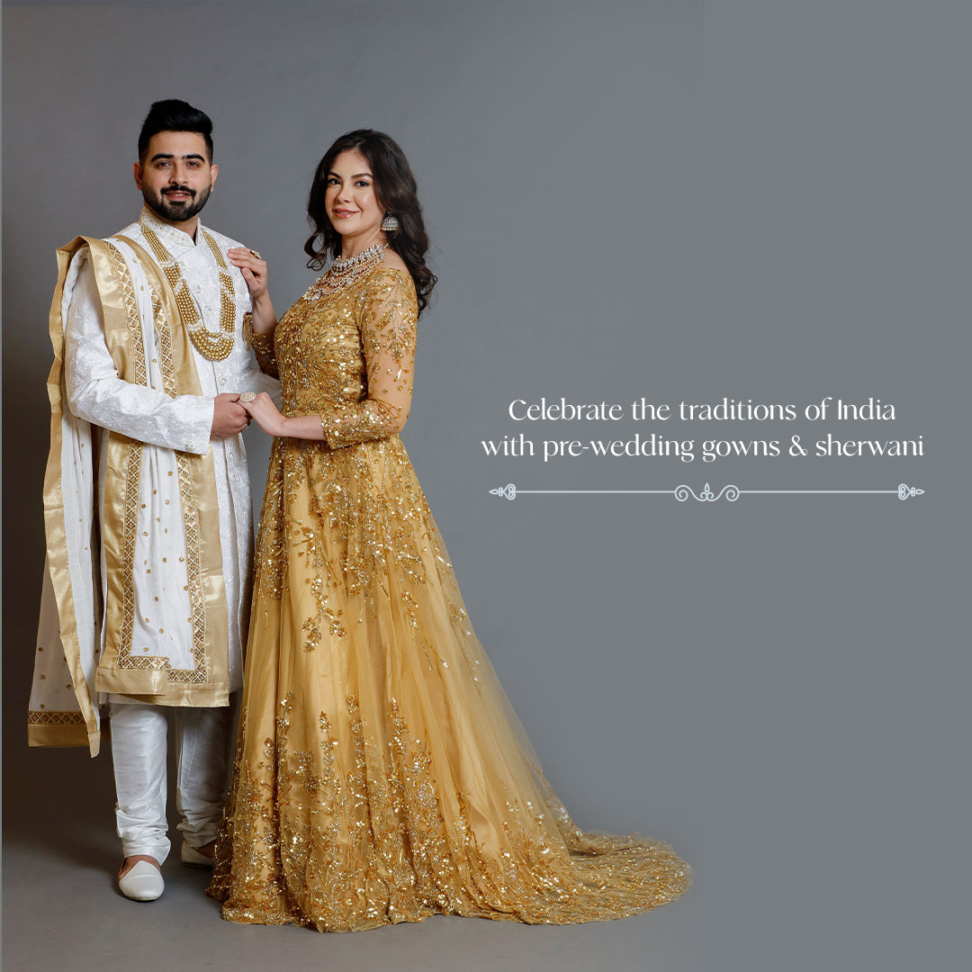 Radiate elegance and grace in this contemporary gown and sherwani.

#panachetes #gown #pakistaniwedding #bridesmaid #bridalwear #indianfashionhub  #bridetobe #mangtikkalove #jewelrylover #kundanjewelry #royaljewellery #sherwani #groomtobe #grooms