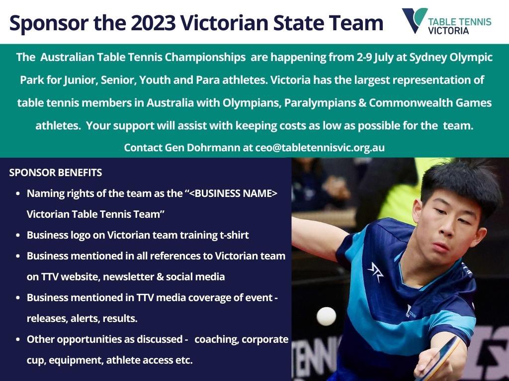 SPONSORSHIP OPPORTUNITY: 2023 Victorian Table Tennis Team 🏓 Table Tennis Victoria is seeking expressions of interest for businesses to sponsor the Victorian State Team who will compete at the Australian Table Tennis Championships. Get in touch at ceo@tabletennisvic.org.au.