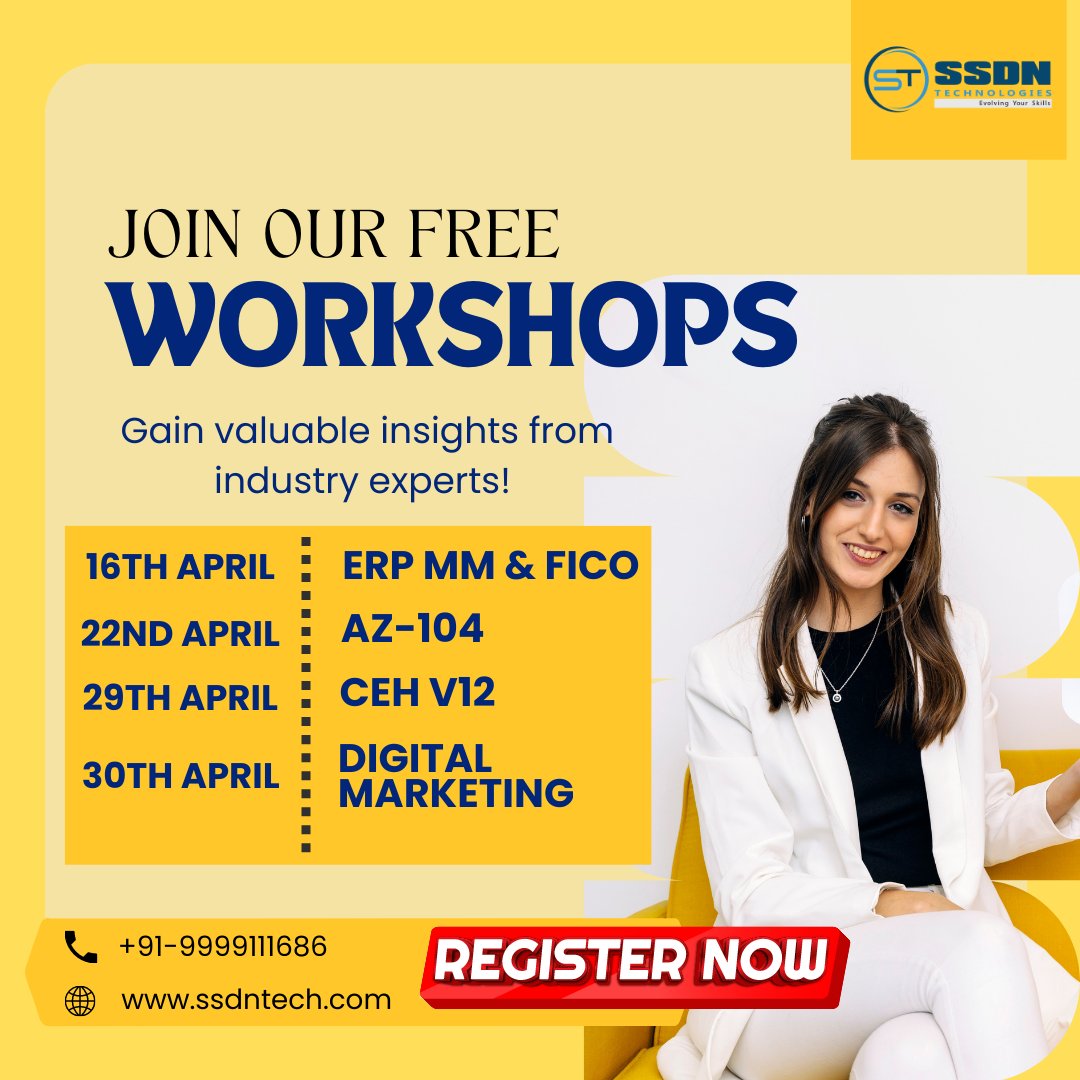 Reserve your seat here: lnkd.in/dc_mM8Sc
WhatsApp for more details:  lnkd.in/fJTFdTF

#VirtualWorkshops #SkillsUpgrade #FreeWorkshops #webinar #webinaralert #DigitalMarketing #ERP #Fico #MM #Az104 #EthicalHacking #LearnNewSkills #FreeWorkshops