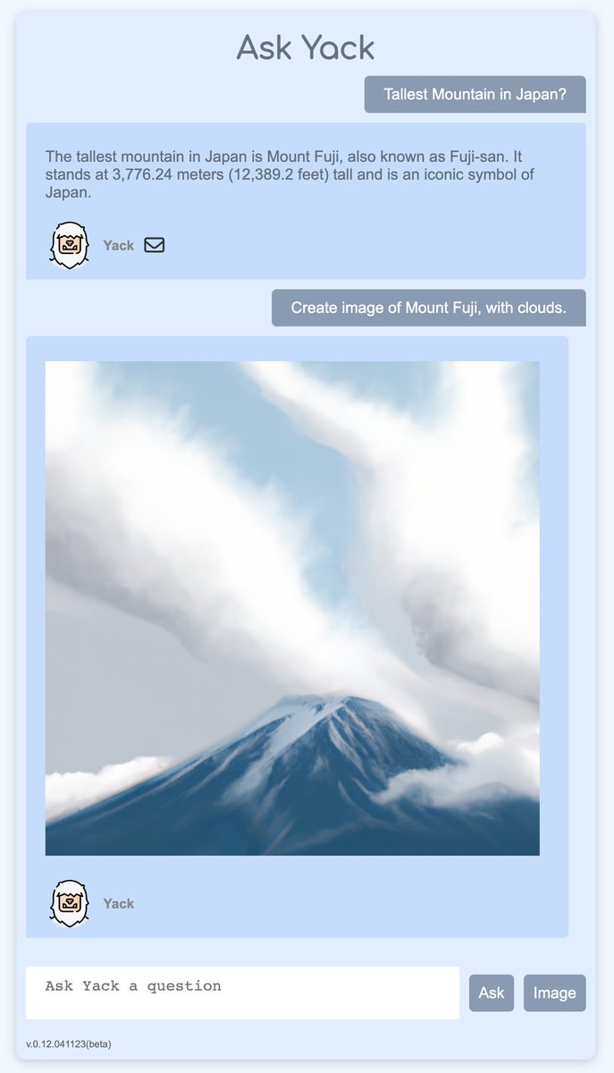 AskYack's tweet image. 🖥️#AskYack has been updated!🖥️

Yack can now generate images upon request! Come stop by and have Yack create an image or ask Yack a question!   

askyack.com

#learning #Fuji #Japan #ai