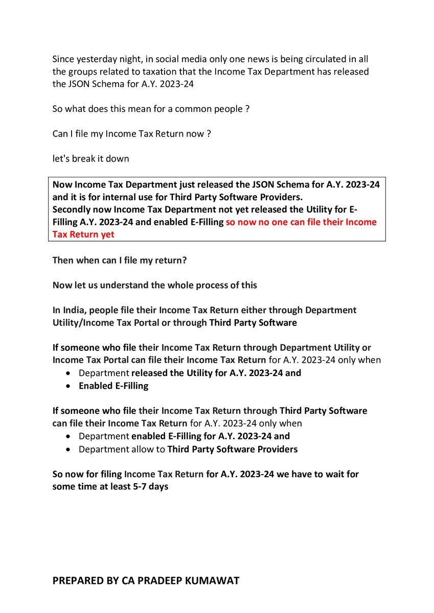 CA Pradeep Kumawat (@capradeepkumaw1) on Twitter photo Income Tax Department released JSON Schema for A.Y. 2023-24 for ITR 1 & ITR 4
What it means?
Can I file my Income Tax Return now?
<a href="/TaxationUpdates/">Taxation Updates (CA Mayur J Sondagar)</a> <a href="/AbhasHalakhandi/">Abhas Halakhandi</a> <a href="/akhilpachori/">CA Akhil Pachori</a> <a href="/TilotamaG/">Tilotama Vikram</a> <a href="/CAclubindia/">CAclubindia</a>
<a href="/SaurinShahCA/">Saurin Shah</a> <a href="/PratibhaGoyal/">Pratibha Goyal</a> <a href="/Kuldeepkg91/">CA Kuldeep KD - Chairman ICAI Jaipur (22-23)</a> <a href="/taxguru_in/">Tax Guru</a> <a href="/CAChirag/">CA Chirag Chauhan</a> <a href="/dineshwadera/">Dinesh Wadera</a> Income Tax Department released JSON Schema for A.Y. 2023-24 for ITR 1 & ITR 4
What it means?
Can I file my Income Tax Return now?
<a href="/TaxationUpdates/">Taxation Updates (CA Mayur J Sondagar)</a> <a href="/AbhasHalakhandi/">Abhas Halakhandi</a> <a href="/akhilpachori/">CA Akhil Pachori</a> <a href="/TilotamaG/">Tilotama Vikram</a> <a href="/CAclubindia/">CAclubindia</a>
<a href="/SaurinShahCA/">Saurin Shah</a> <a href="/PratibhaGoyal/">Pratibha Goyal</a> <a href="/Kuldeepkg91/">CA Kuldeep KD - Chairman ICAI Jaipur (22-23)</a> <a href="/taxguru_in/">Tax Guru</a> <a href="/CAChirag/">CA Chirag Chauhan</a> <a href="/dineshwadera/">Dinesh Wadera</a>