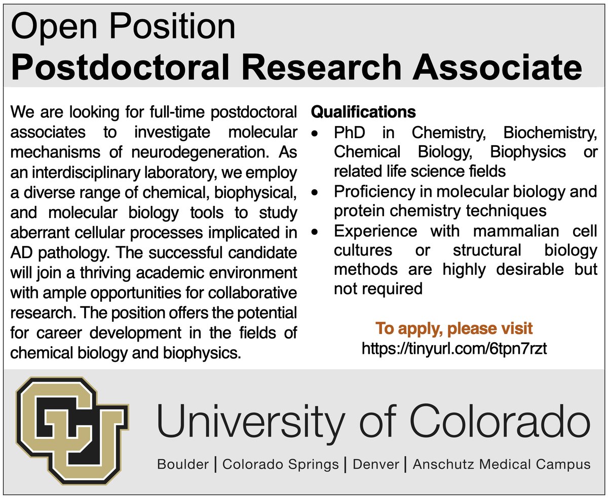 We are recruiting multiple postdoc positions to work on synthesis, biophysics and neurodegeneration. Please RT.
tinyurl.com/6tpn7rzt

#chempostdoc <a href="/ChemPostdocBot/">ChemPostdocBot</a> #postdocjobs #Postdocs #Alzheimers