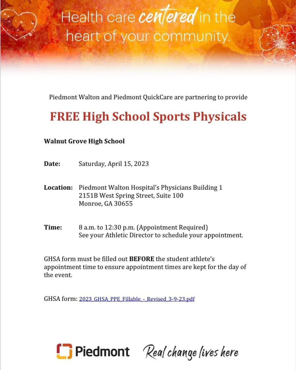 GrovePtso's tweet photo. Piedmont Walton is offering FREE High School Sports Physicals on Saturday 4/15/2023. Any athletes participating in Softball (or any sport) for the 2023-2024 school year needs to take advantage of this. This physical will cover you for the entire school year. Appointment required. https://t.co/2X6H2BFpaB
